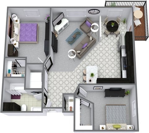 Floor plan for 2 beds, 1 bath, 971 sqft